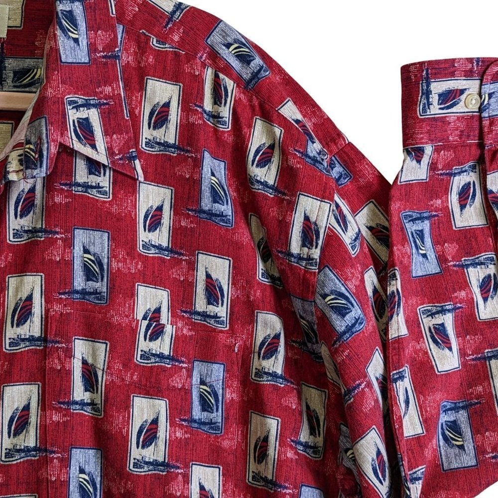 Natural Issue Button Up SHIRT Red Blue Sail Boat Print Mens size XL Cotton - Picture 3 of 11